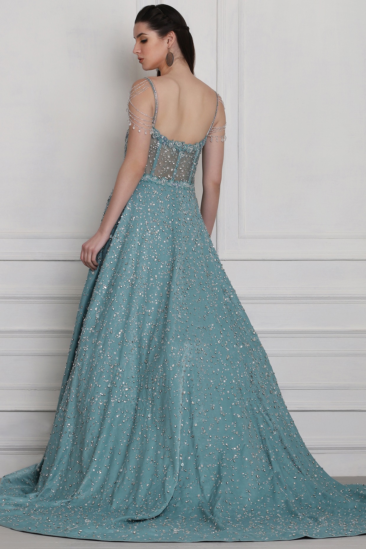 Sea Green Sequins, Silver Zari, Beads and Stone work Bridal and Partyw –  Seasons Chennai